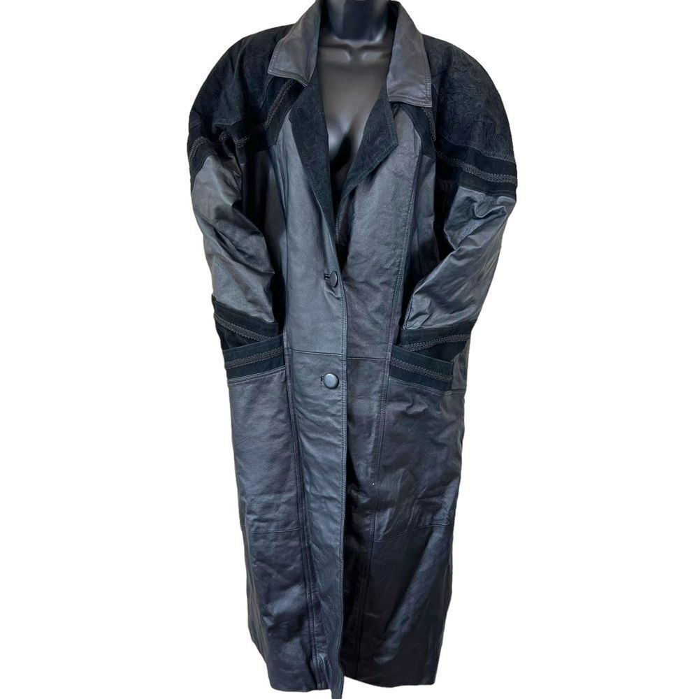 Vintage Greg Bell Leather 80’s Matrix Black Paisley Patchwork Long Trench Coat